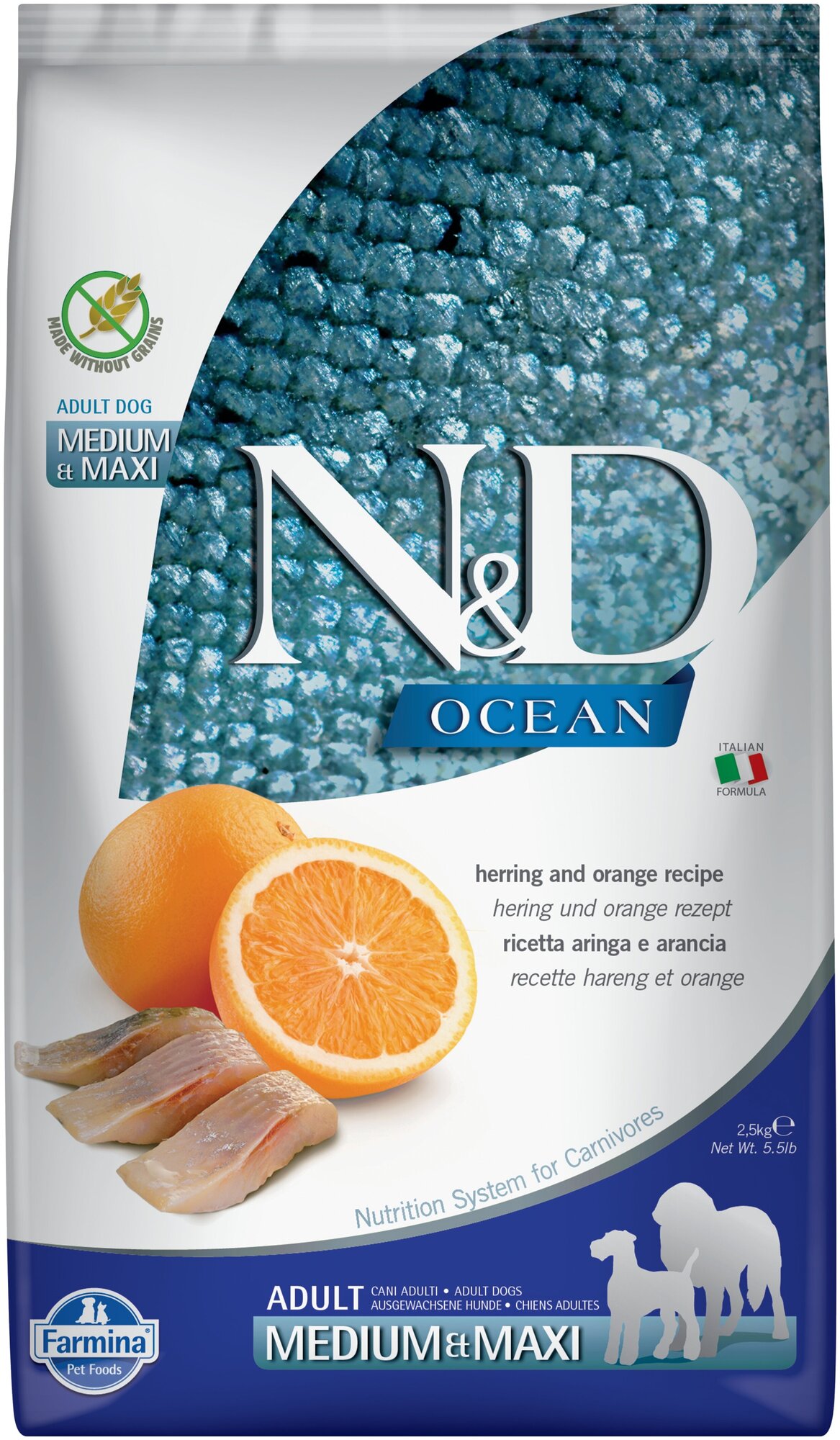 Фармина N&D OCEAN LINE для собак OCEAN HERRING&ORANGE Adult medium&maxi, 2,5 кг