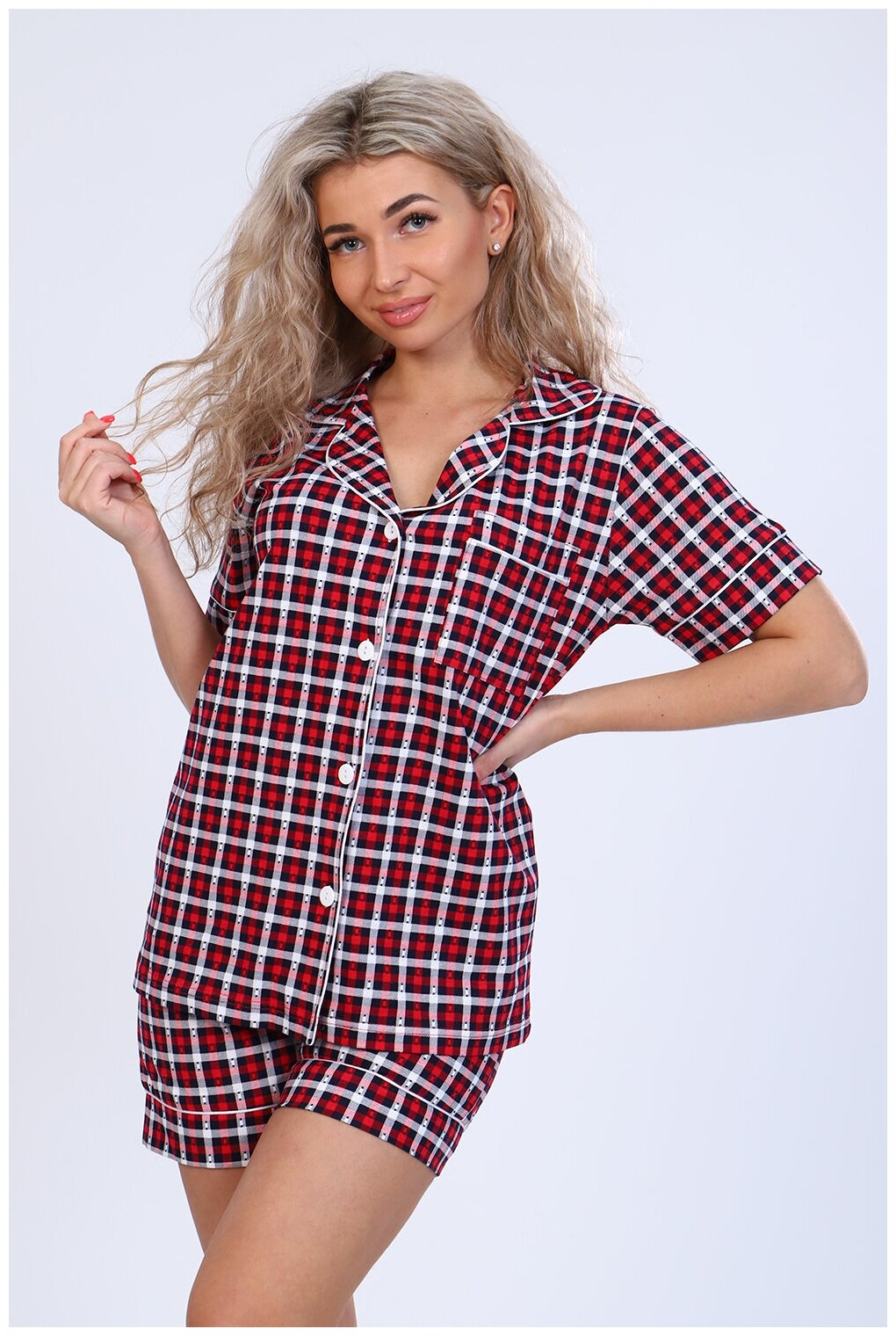 Женская домашняя пижама/костюм в клетку (рубашка+ шорты), размер 50 - фотография № 1