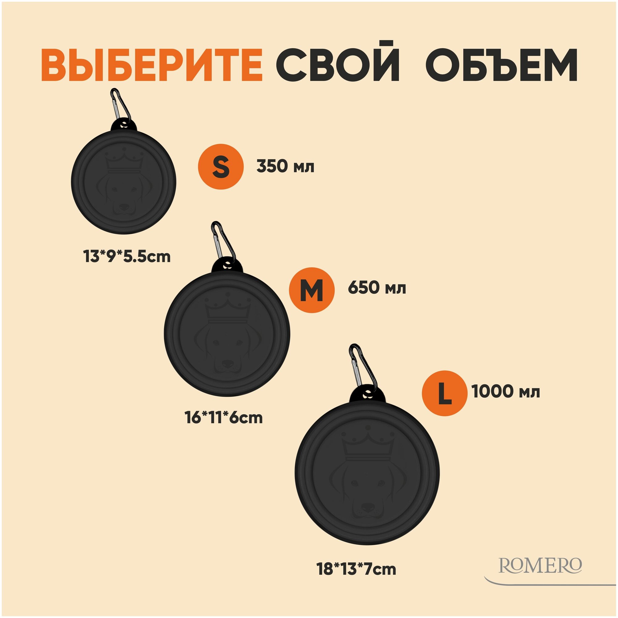 Силиконовая складная миска для животных ROMERO 1000 мл (черная) - фотография № 5