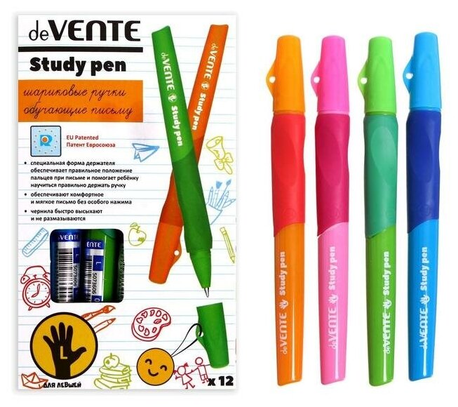 Ручка обучающая для левши deVENTE Study Pen, узел 0,7 мм, каучуковый держатель, чернила синие на масляной основе(12 шт.)