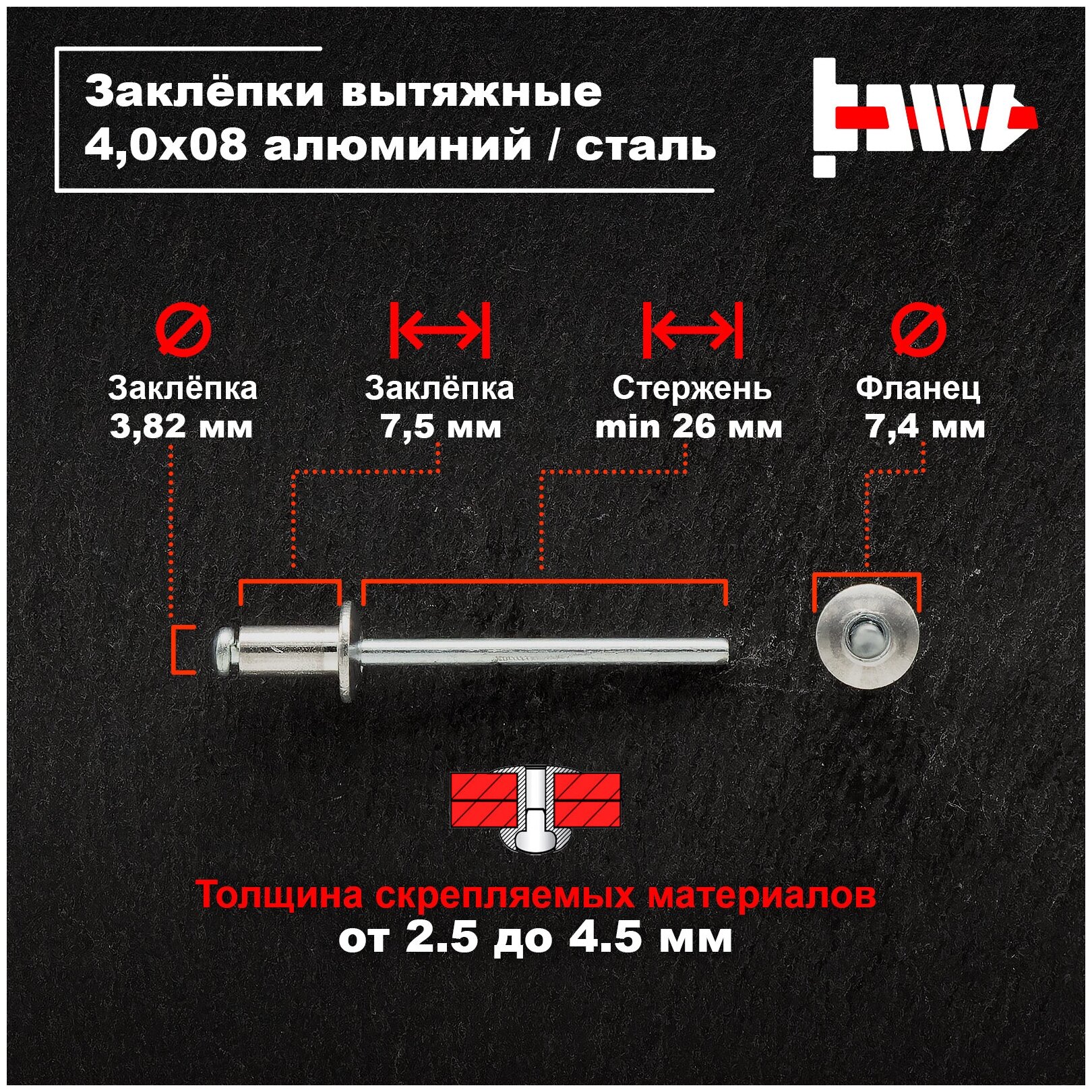 Заклёпки вытяжные, для заклёпочника, алюминиевые 4,0х08 1000 шт - фотография № 2