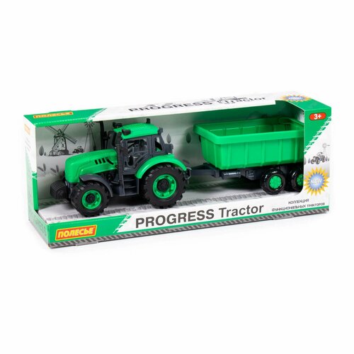 трактор прогресс с прицепом инерционный зелёный 91284 Трактор Полесье Прогресс, с прицепом, инерционный, зелёный 91284