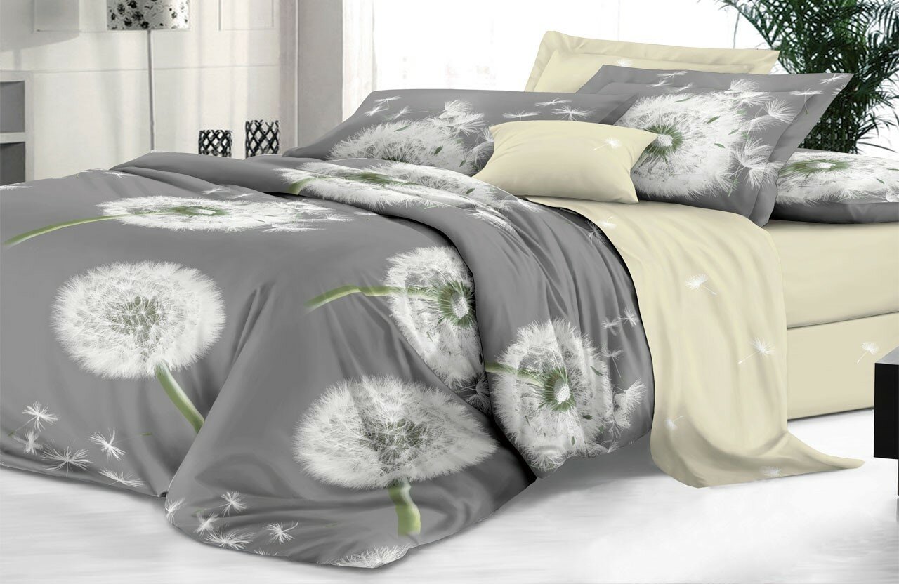 Комплект постельного белья Эльф, Сатин, 2-x спальный с простыней Евро, наволочки 70x70, летняя дымка - фотография № 1