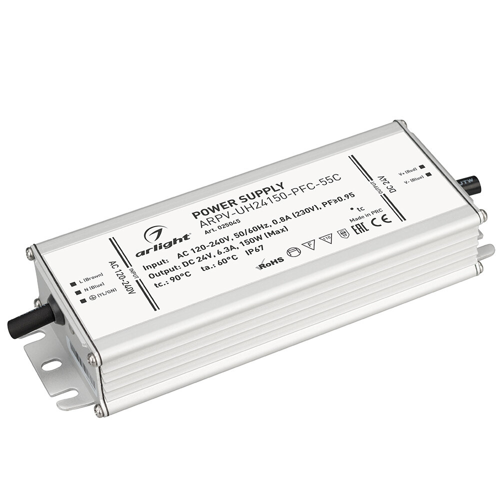 Блок питания ARPV-UH24150-PFC-55C (24V, 6.3A, 150W) (Arlight, IP67 Металл, 5 лет) Артикул 025045