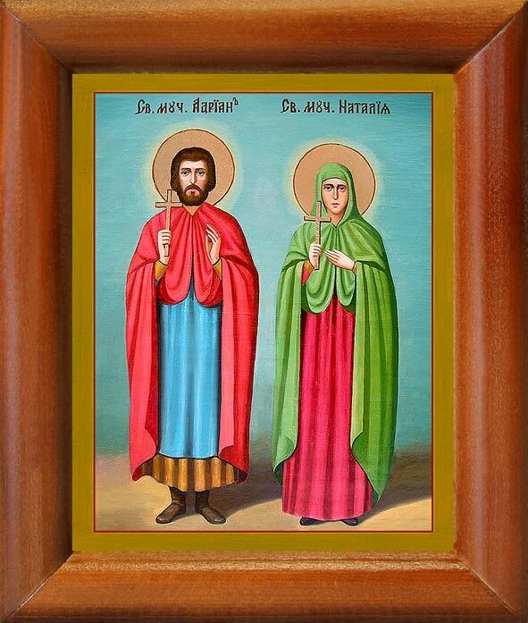 Мученики Адриан и Наталия Никомидийские, икона в деревянной рамке 8*9,5 см