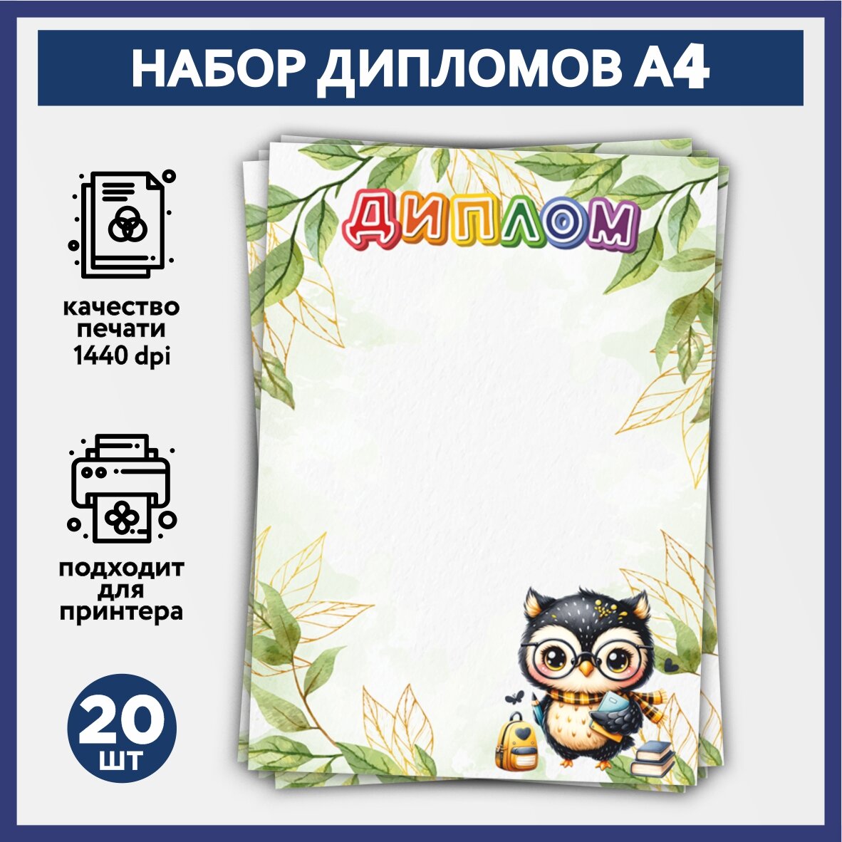 Набор дипломов об окончании начальной школы, выпускника детского сада А, 20 шт, 160 г/м2, Школьная сова #000 - №15, diploma_school_owls_#000_А4_15