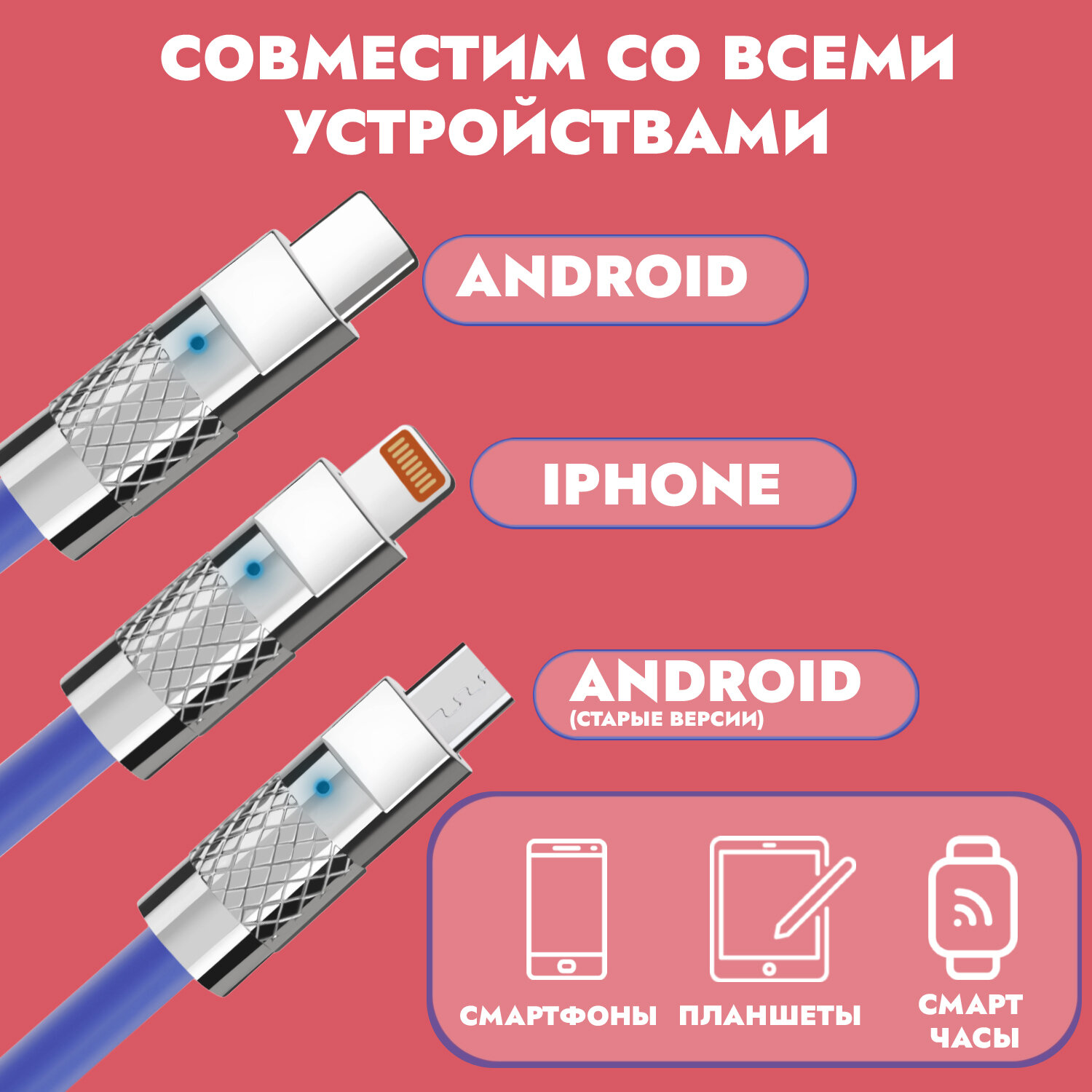 Синий универсальный кабель 1.2 м c индикатором зарядки USB 3 в 1 Type-С, Lightning, Micro-USB для зарядки телефона — фото 1