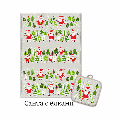 S-CHIEF НК-71 Кухонный набор НГ полотенце 45 х 60 прихватка 18х18 50 хлопок 50 лен 31 х 18 см Санта с ёлками УТ-0011866 1067₽