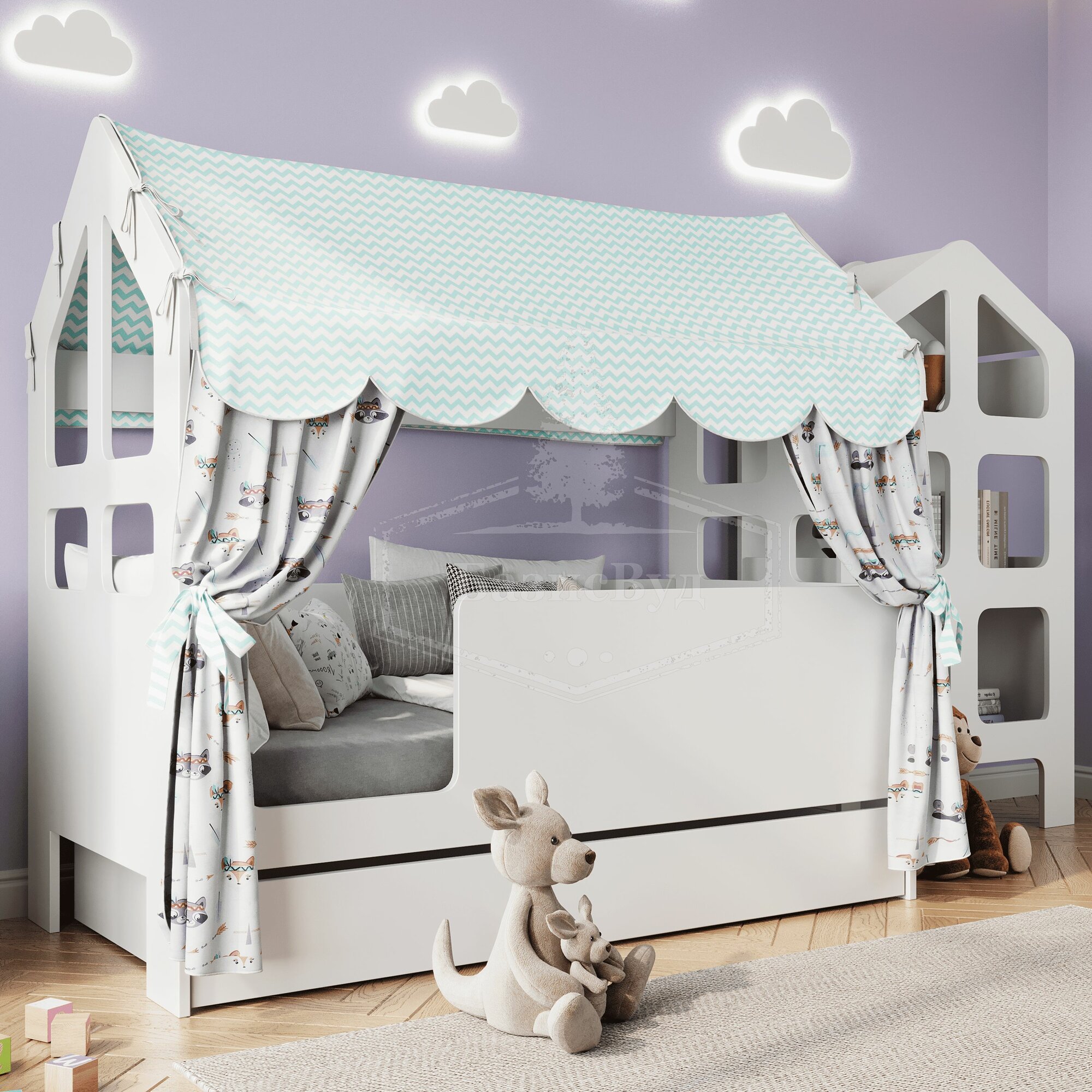 Кровать-домик, Кровать детская с бортиком под матрас 160х80, БазисВуд "Сладкий сон" с текстилем ( светлый, со зверятами) и ящиком, вход слева