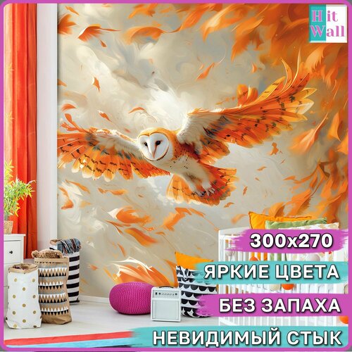 300х270 см 3D Фотообои оранжевые Сова и перья
