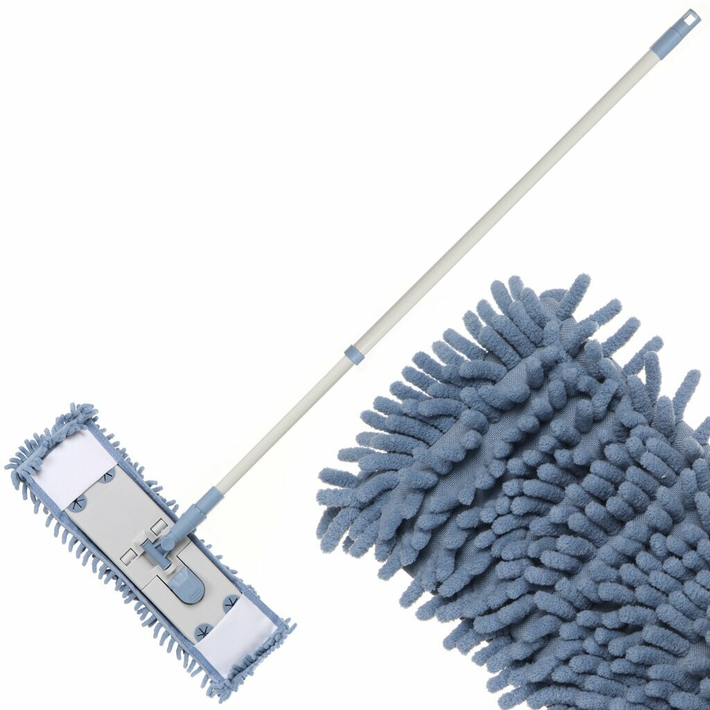 фото Швабра плоская, микрофибра, 130х43х14 см, кобальт, телескопическая ручка, серая, Марья-искусница, HD1009A-17-4021-427