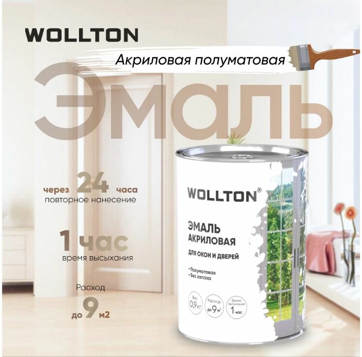 Эмаль для окон и дверей WOLLTON полуматовая белая 09 кг