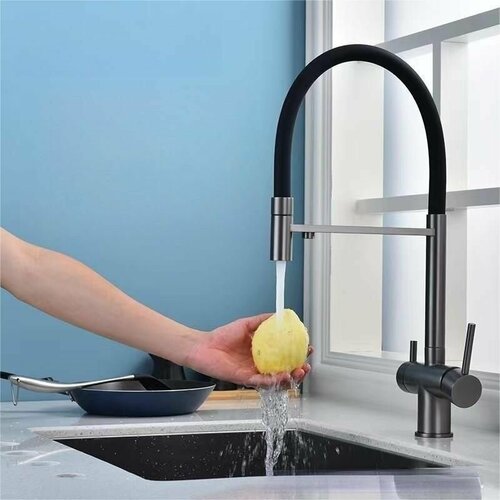 фото Смеситель для кухни hansgrohe с гибким изливом и подключением фильтра для питьевой воды, сатин hs114kj-15yt