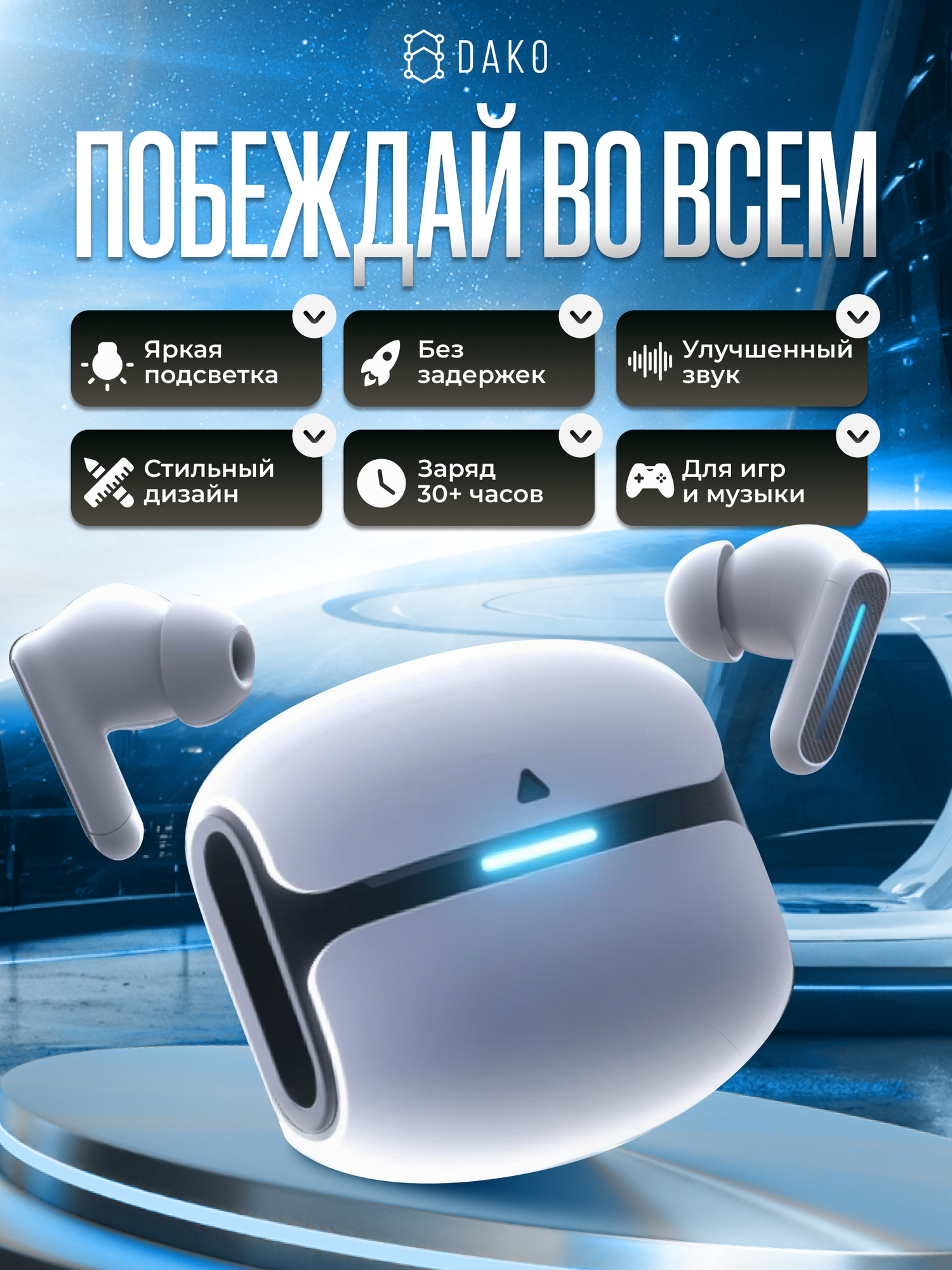 Наушники беспроводные игровые DAKO вакуумные с шумоподавлением и микрофоном