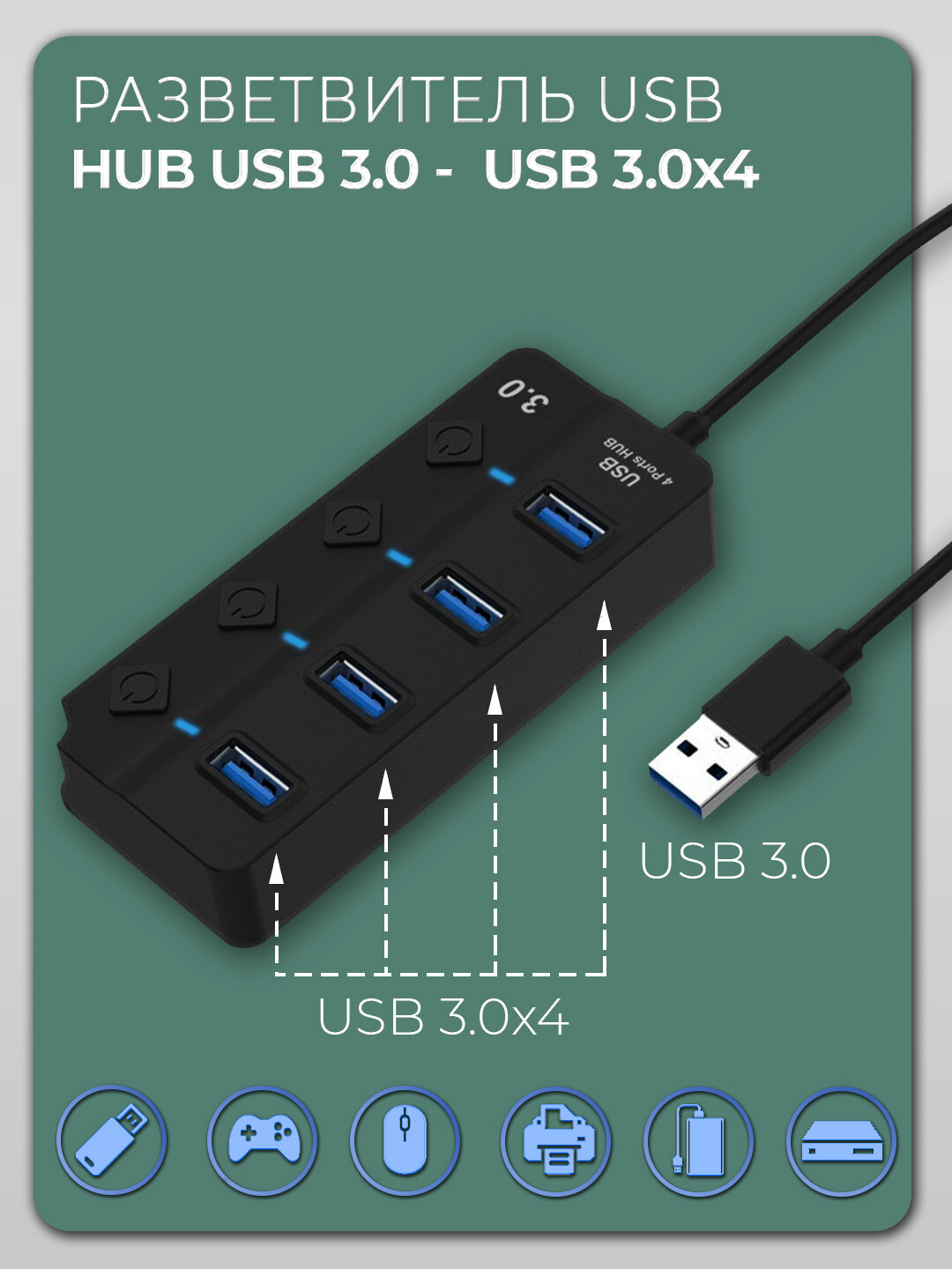 USB HUB 3.0 Разветвитель на 4 порта USB 3.0 с выключателями и подсветкой активный