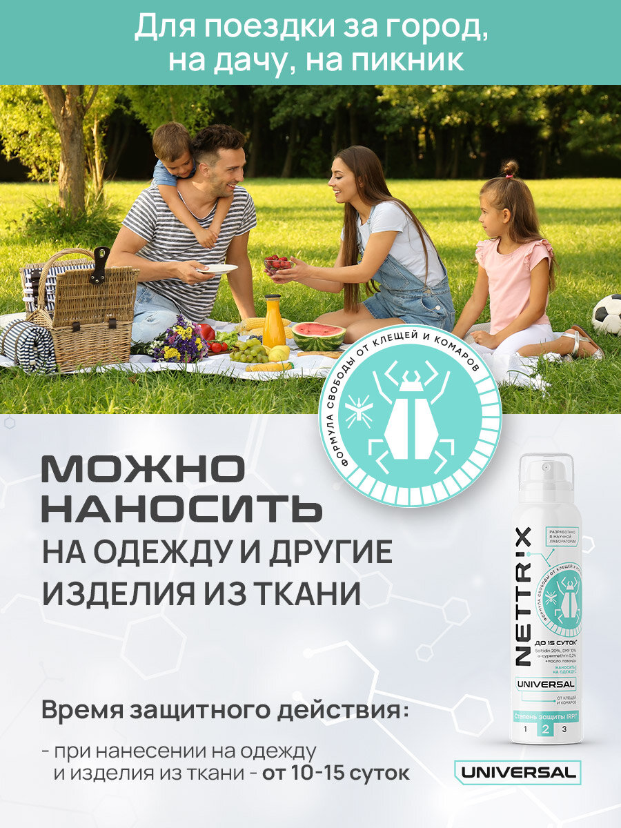 Картинки Аэрозоль для защиты от клещей и коморов Nettrix Universal, до 15 суток, для отдыха на природе, 150 мл.