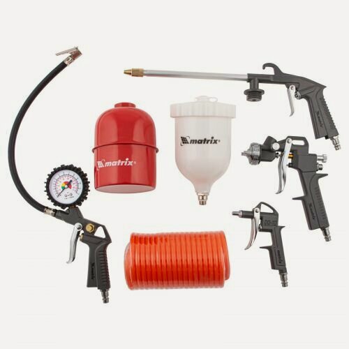 Изображение товара Набор пневмоинструмента Matrix 57304, 5 предметов, быстросъемное соединение, краскораспылитель с верхним бачком
