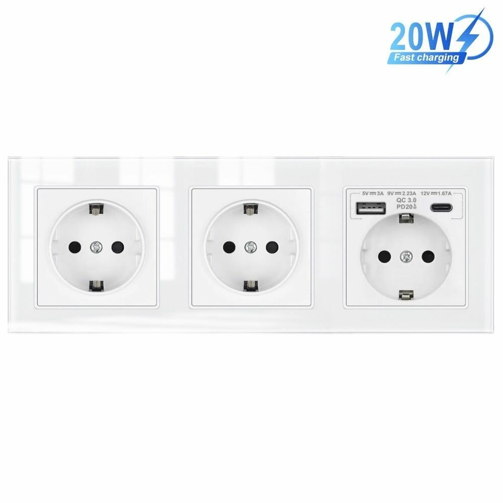 Розетка электрическая тройная с USB и type-C входами, быстрая зарядка 20W, рамка стекло, цвет белый