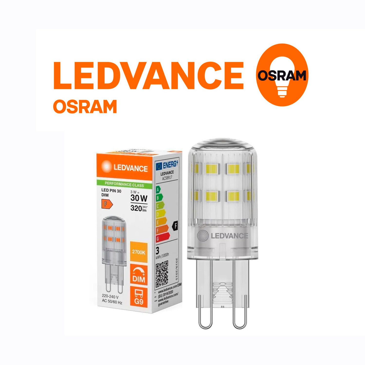 1шт/уп. Лампа LED Капсула 3W 230V G9 PIN DIM Диммируемая 320Лм d18x49 Угол 360 град. 2700К Свет Теплый белый LEDVANCE-OSRAM уп. 1шт