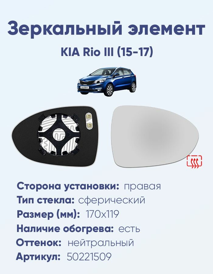 Зеркальный элемент правый KIA Rio III (15-17) сфера нейтральный с обогревом