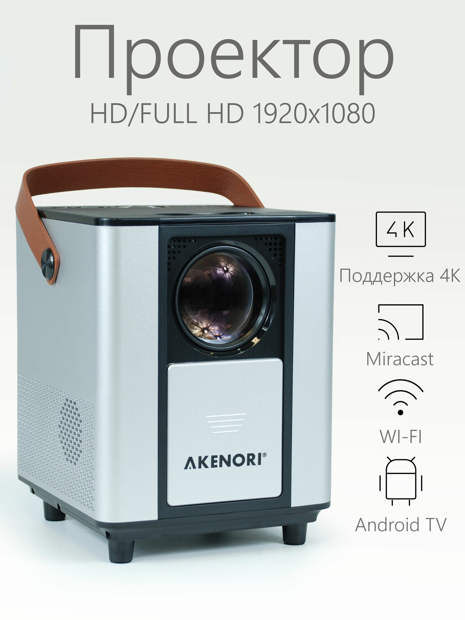 Проектор Wi-Fi FullHD Android TV Miracast портативный с защитой для объектива Akenori