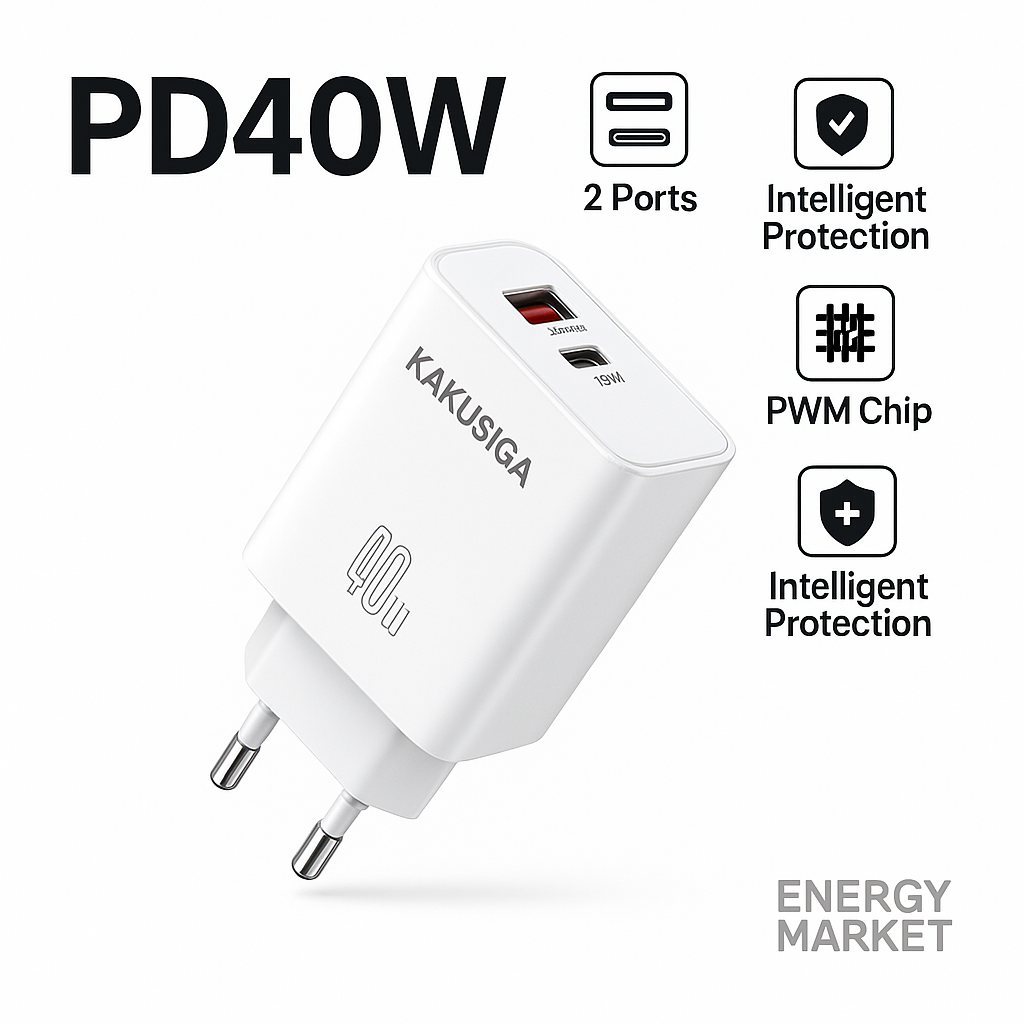 Двухпортовый адаптер для быстрой зарядки KAKUSIGA PD40W | 2 порта | Кабель Type-C (1 м) | Вилка европейского