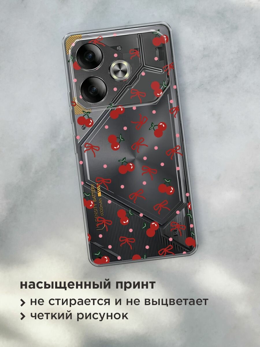 Чехол на Tecno Pova 6 / Текно Пова 6 с принтом "Вишни и ленточки", прозрачный — фото 1
