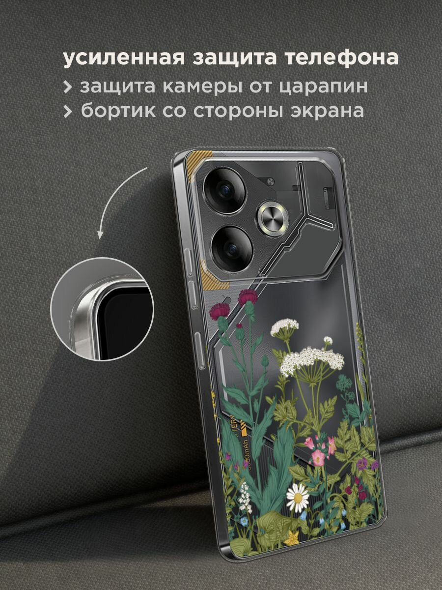 Чехол на Tecno Pova 6 / Текно Пова 6 с принтом "Дикие полевые цветы", прозрачный — фото 1