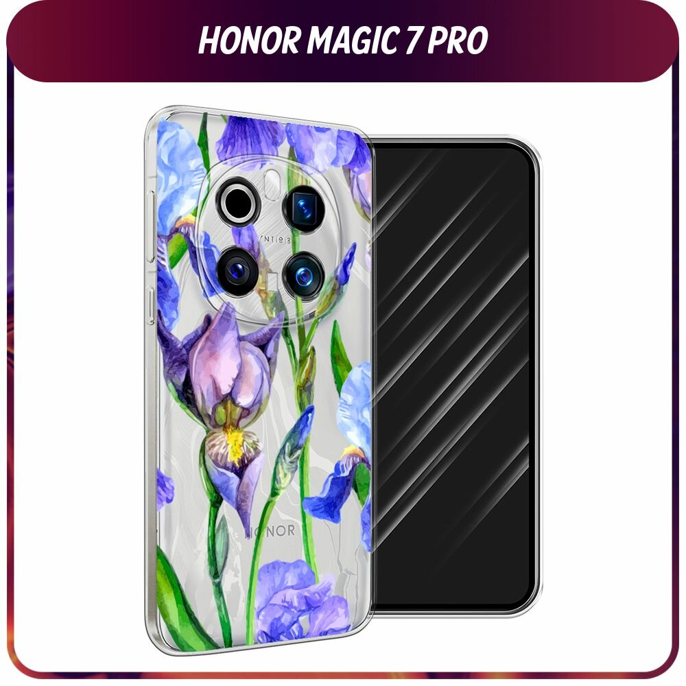 Чехол на Honor Magic 7 Pro / Хонор Мэджик 7 Про с принтом "Синие ирисы", прозрачный