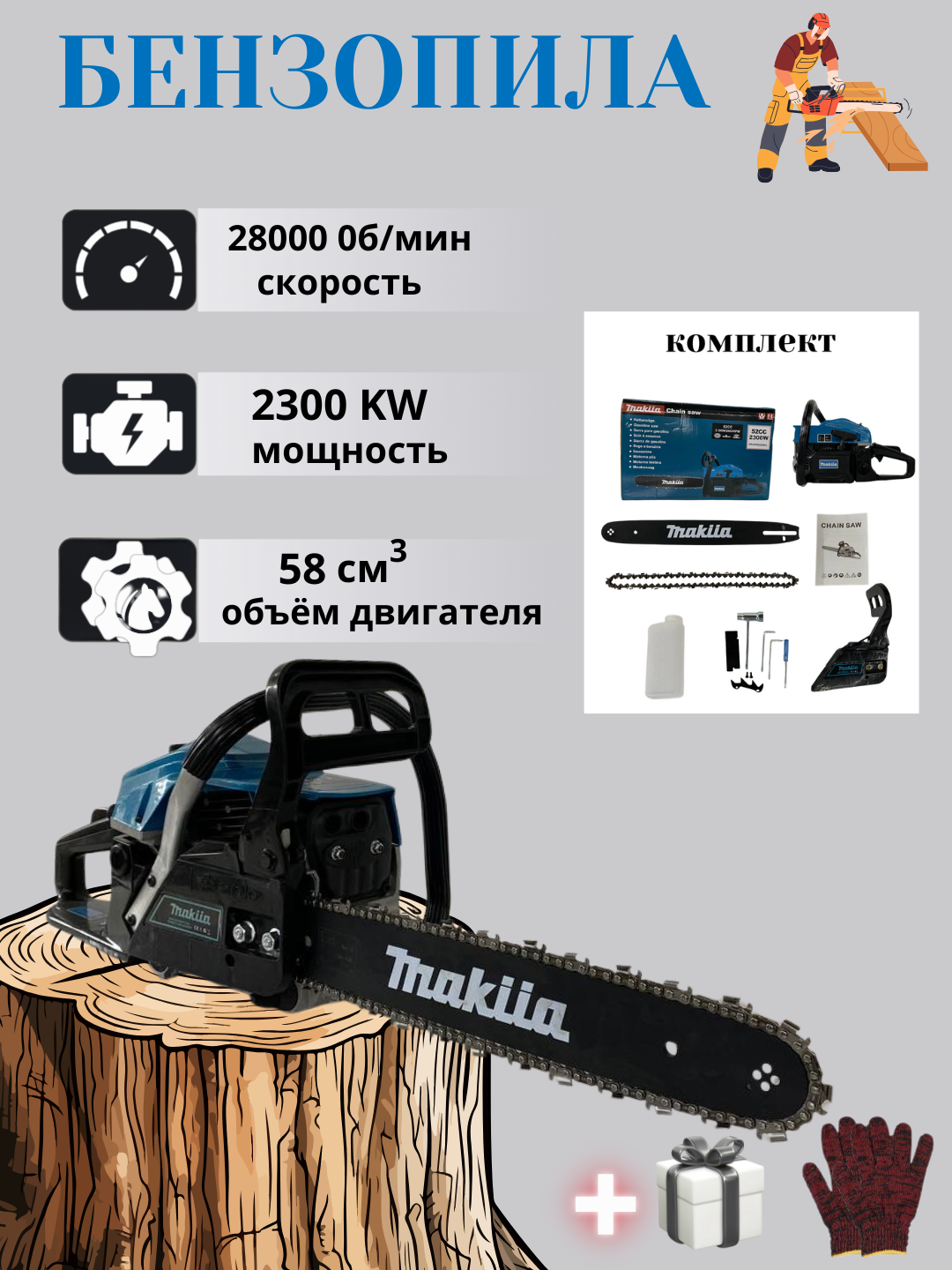 Бензиновая цепная пила Makita 58cc, 2300 Вт, шина 40 см — профессиональный инструмент для сада и строительных работ.