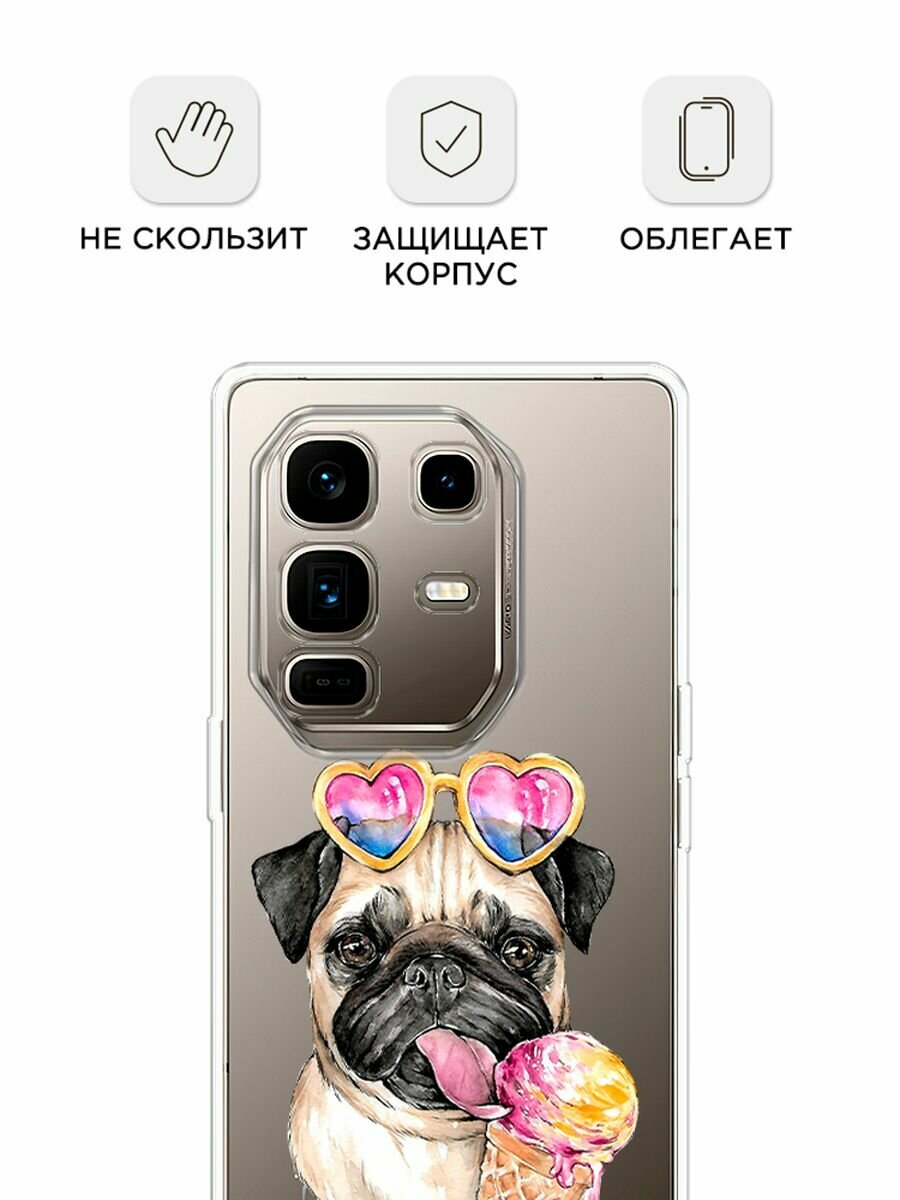Чехол на Infinix Note 50 Pro + / Инфиникс Нот 50 Про + с принтом Мопс с мороженкой, прозрачный — фото 1