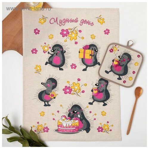 фото Кухонный набор ёжики (полотенце 45х60+прихватка 18х18) полулен, 160г/м 2515433 гранд-стиль