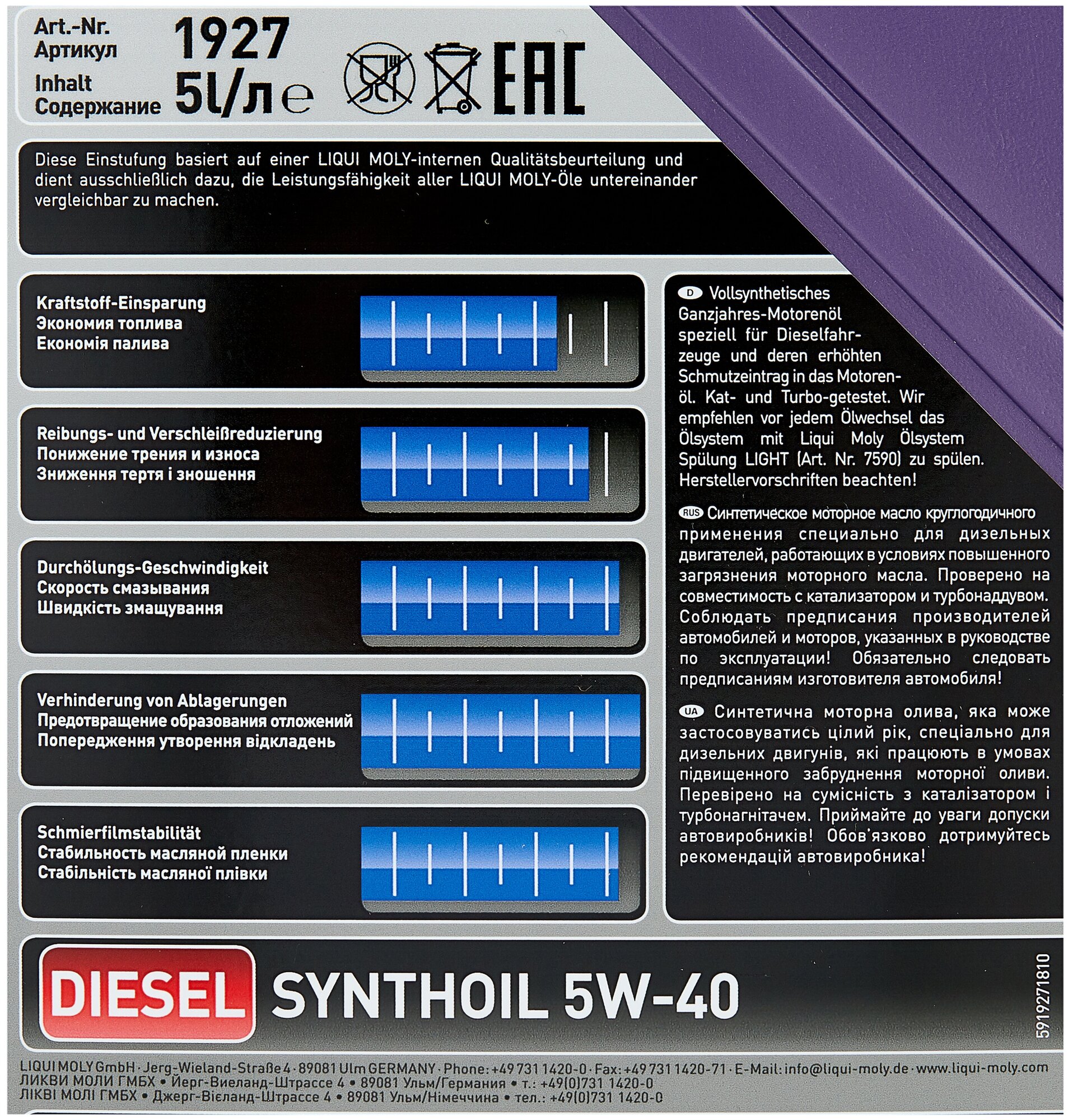 Синтетическое моторное масло LIQUI MOLY Diesel Synthoil 5W-40