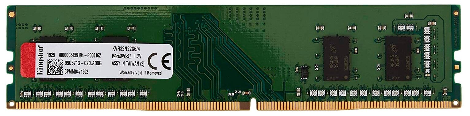 Оперативная память 4Gb (1x4Gb) PC4-25600 3200MHz DDR4 DIMM CL22 Kingston KVR32N22S6/4 - фото №1