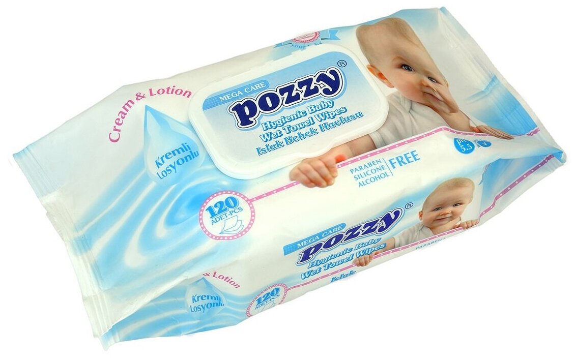 Детские влажные салфетки POZZY HYGIENIC BABY Mega Care (120 шт.), для чувствительной кожи, формула pH 5.5, с добавлением крема и лосьона