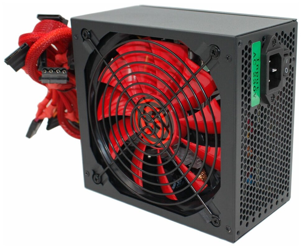 Блок питания Ginzzu PC500 14CM(Red) 80+ black,APFC,24+4p,2 PCI-E(6+2), 5*SATA, 4*IDE,оплетка, кабель питания,цветная коробка