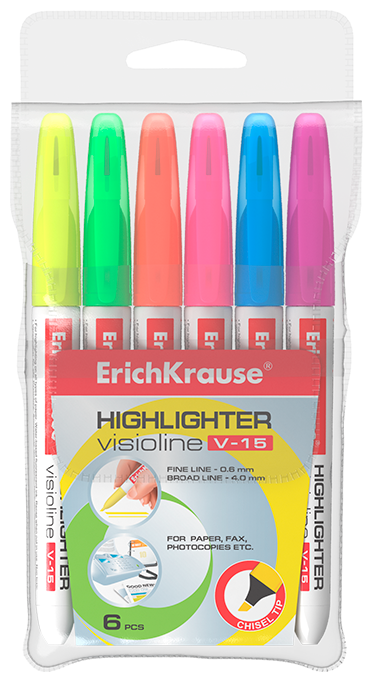 Текстмаркер ErichKrause Visioline V-15, цвет чернил: желтый, зеленый, розовый, оранжевый, голубой, фиолетовый (в футляре по 6 шт.)