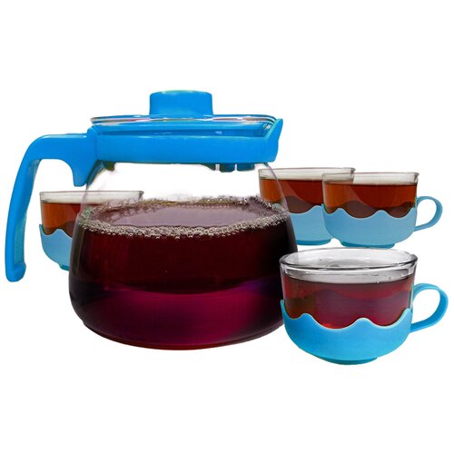 Чайный набор из чайника и четырех кружек, чайник 13х14 см, 4 кружки 8х6 см, синий