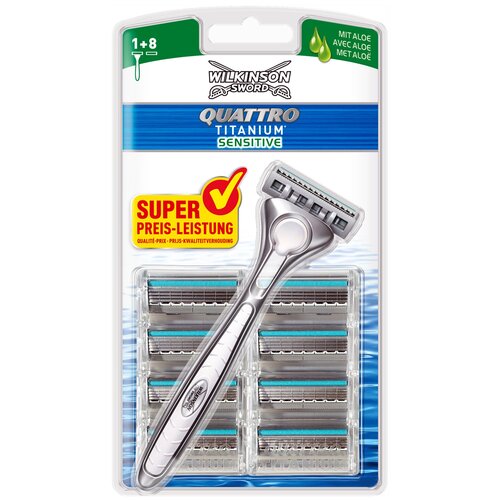 многоразовый бритвенный станок wilkinson sword quattro titanium sensitive 1 шт Многоразовый бритвенный станок Wilkinson Sword Quattro Titanium Sensitive, 9 шт.