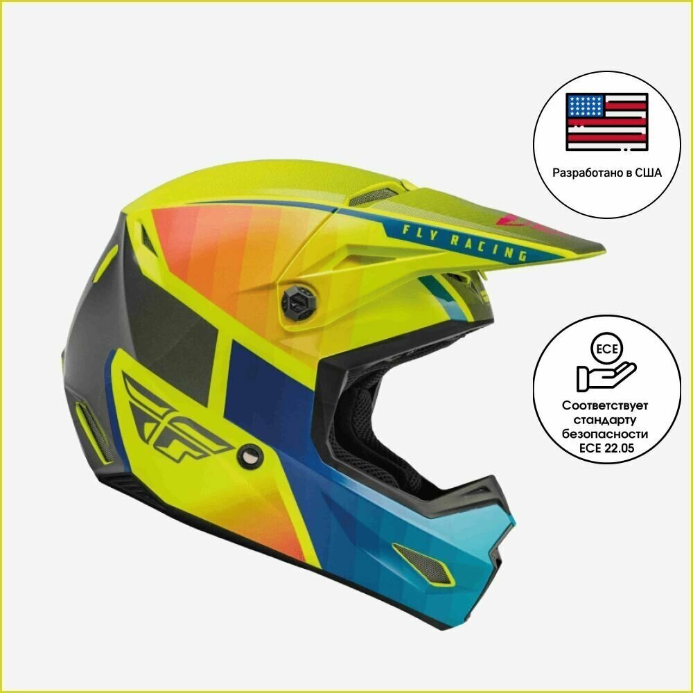 Шлем кроссовый FLY RACING KINETIC Drift Hi-Vis желтый, синий, серый глянцевый размер М