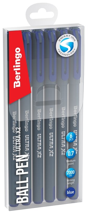 Ручки шариковые синие набор для школы 6 штук/ комплект Berlingo "Ultra X2" /линия письма 0,7 мм, smart ink (легкое, мягкое касание бумаги),/канцелярия для офиса