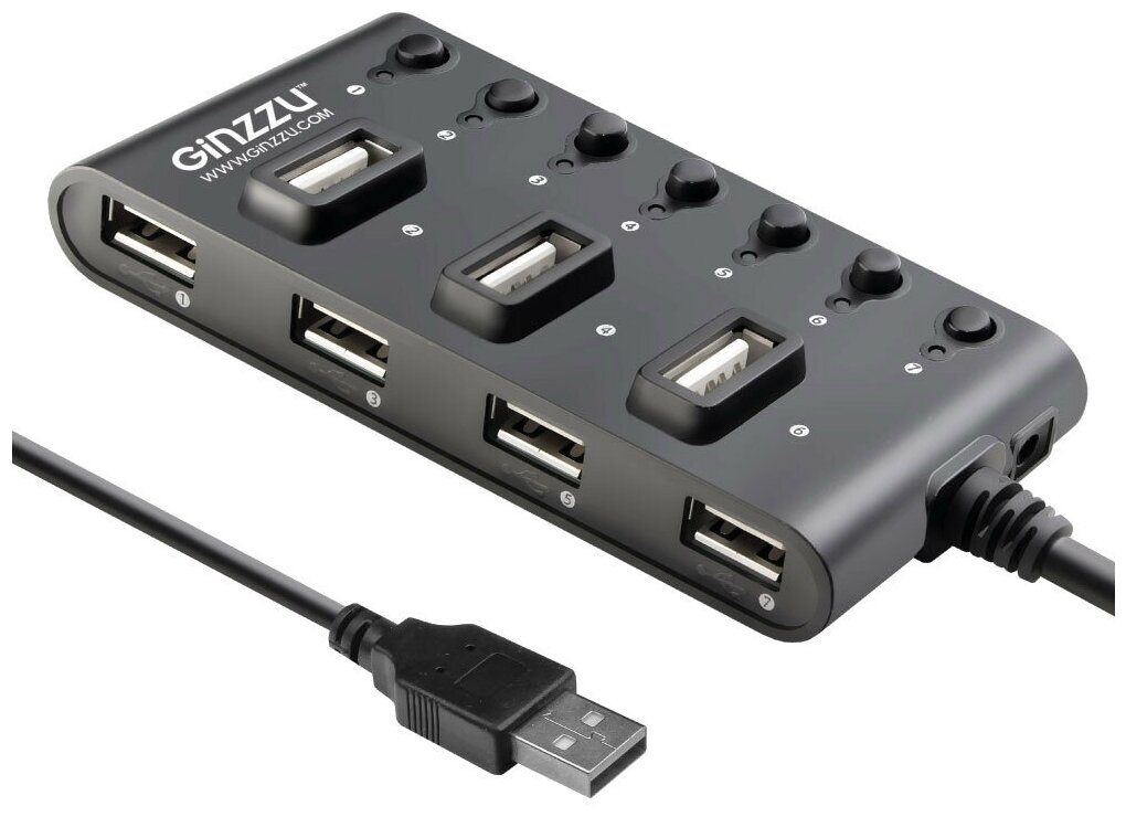 USB-концентратор Ginzzu GR-487UB, разъемов: 7, 14 см, черный