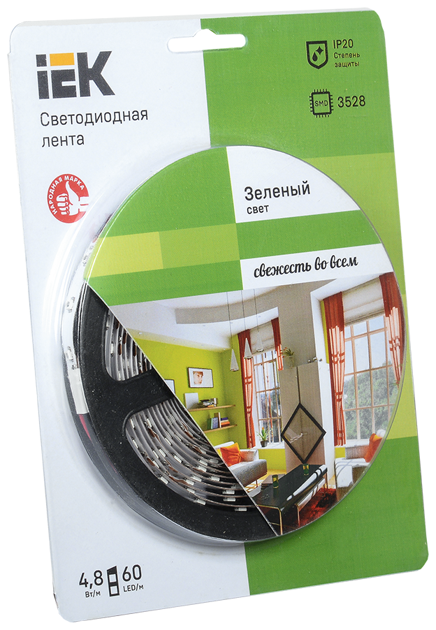 Светодиодная лента IEK ECO LED LSR-3528G60-4.8-IP20-12V, 5 м, светодиодов: 300 шт, 24 Вт, зеленый