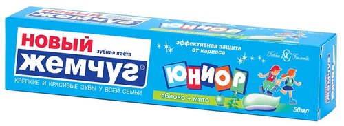 Зубная паста Новый Жемчуг Юниор Яблоко и мята от 7 до 14 лет, 50 мл, 50 г, голубой