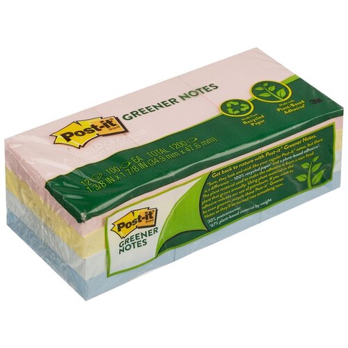 Post-it набор блоков Greener Notes 38х51 мм,100 листов,12 штук (653-RP-A) пастельный 80 г/м² 1200 листов