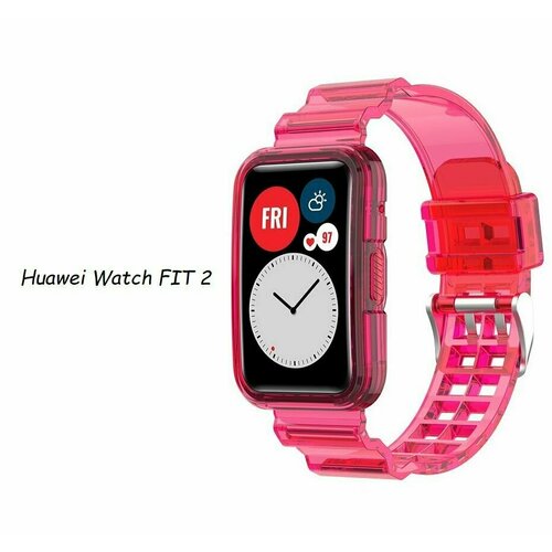 Слитный, противоударный, сменный ремешок S&T Glacier для умных смарт-часов Huawei Watch Fit 2 из плотного силикона с бампером защита корпуса, розовый