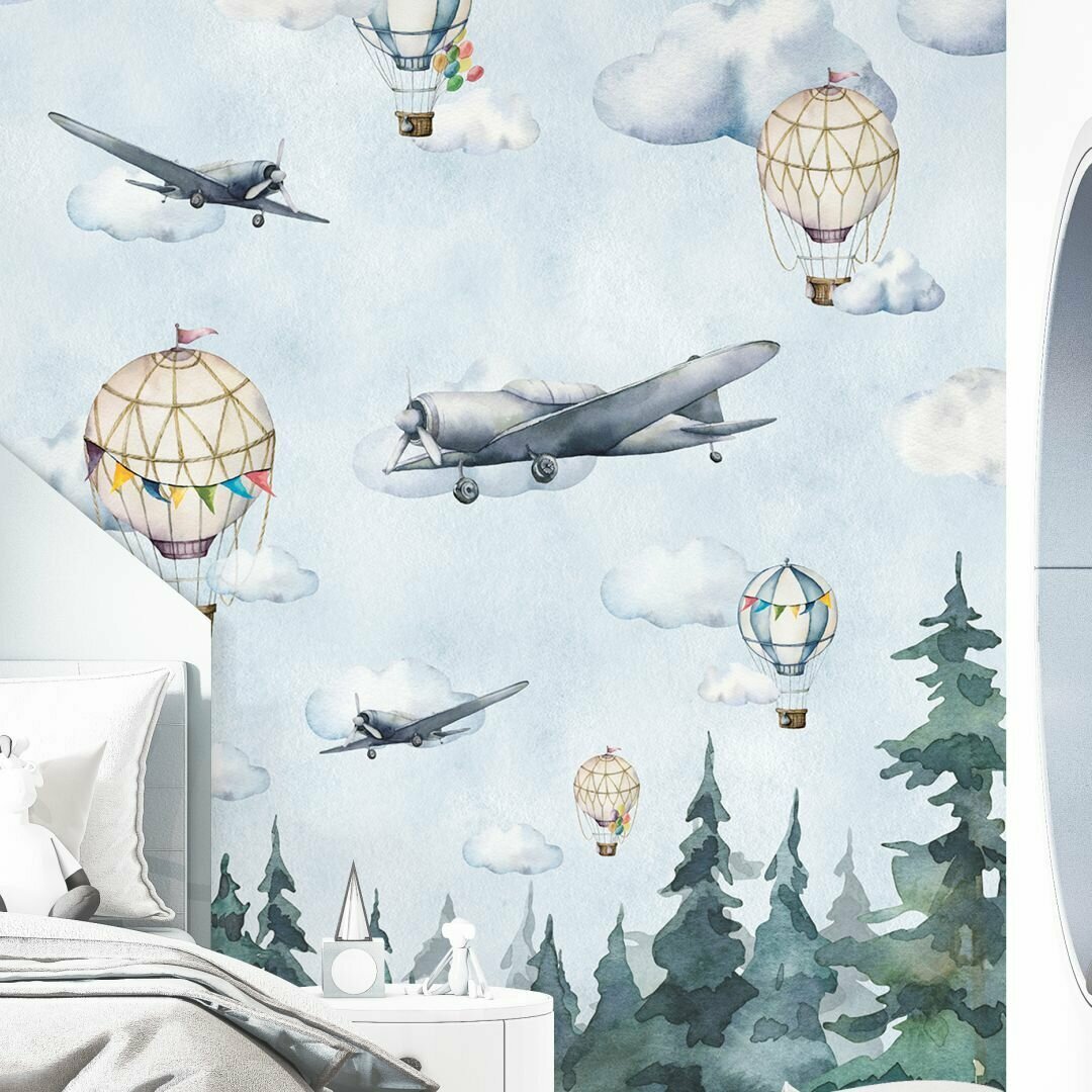 Воздушный транспорт: самолёты монгольфьеры воздушные шары / Флизелиновые Фотообои на стену в детскую комнату мальчика / 200*270 - фотография № 2