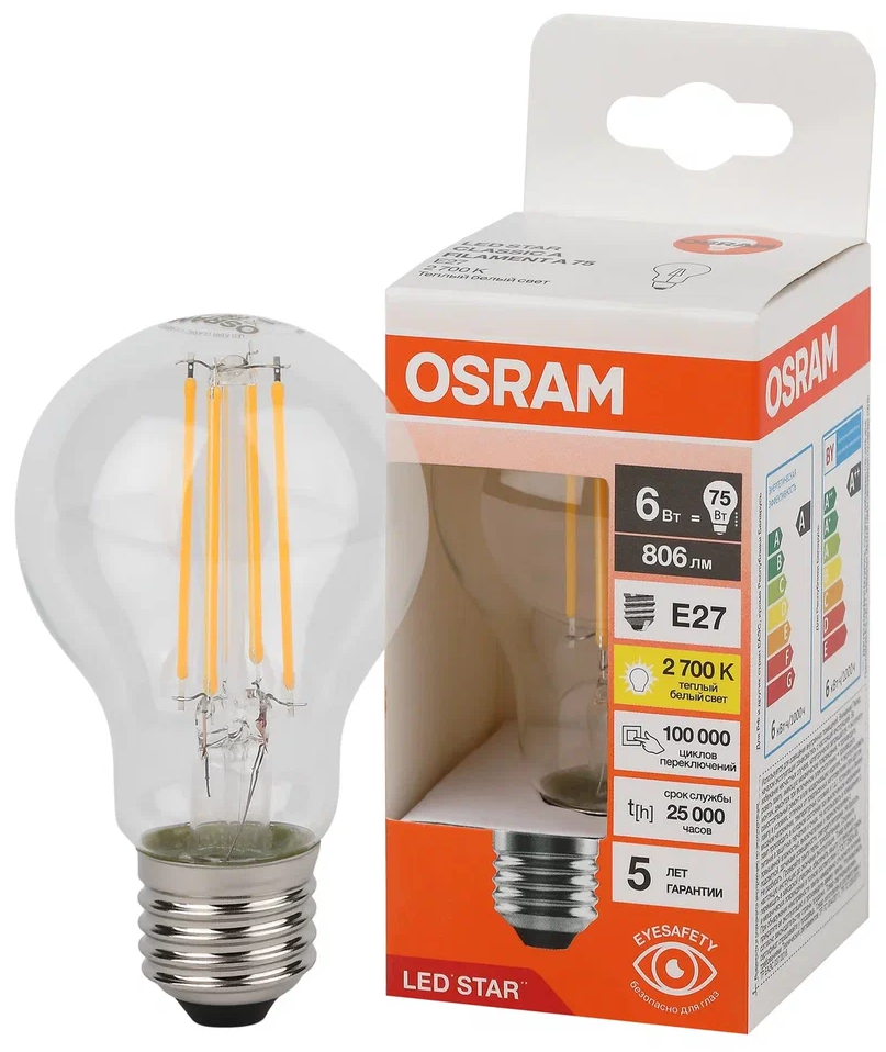 Лампочка светодиодная филаментная OSRAM LED Star, 806лм, 6Вт, 2700К, теплый свет, Цоколь E27, Груша, 1 шт