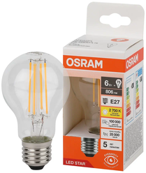 Лампочка светодиодная филаментная OSRAM LED Star, 806лм, 6Вт, 2700К, теплый свет, Цоколь E27, Груша, 1 шт