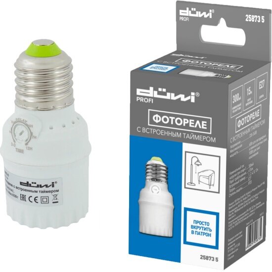 Датчик освещения Duwi фотореле FR-04 в патрон E27 5-15Лк со встроенным таймером отключения IP20 белый 25873 5